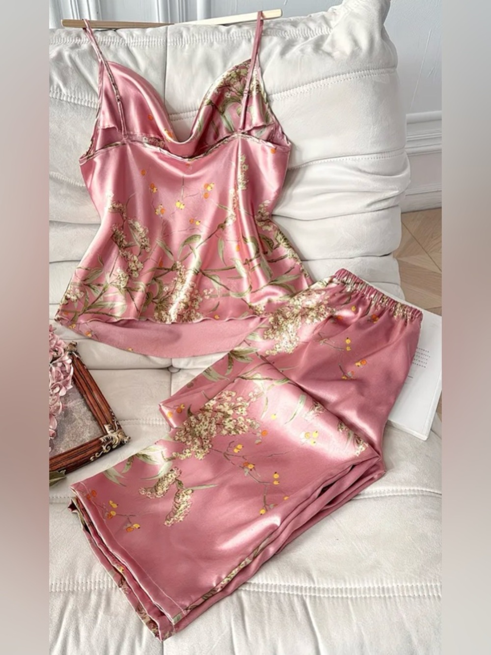 Pink Floral Satin Cami Pajama Set